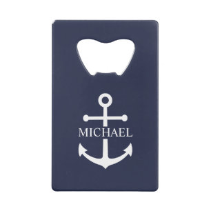 Nautical Navy Blue Anchor Gepersonaliseerde naam Kredietkaart Flessenopener