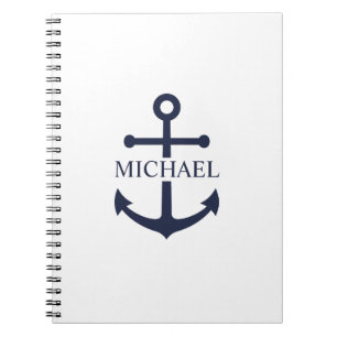 Nautical Navy Blue Anchor Gepersonaliseerde naam Notitieboek