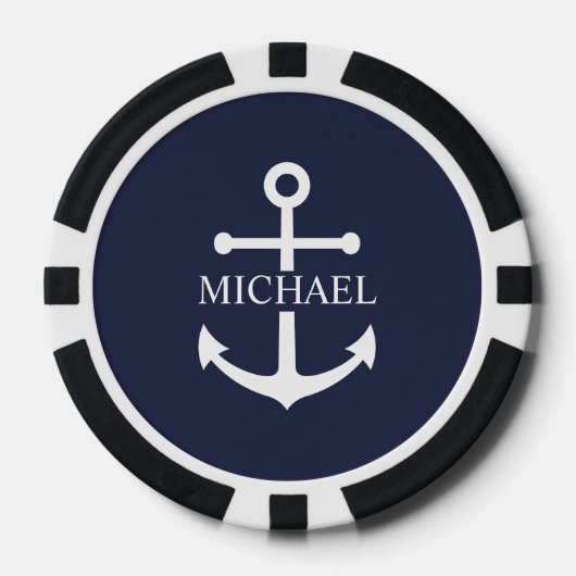 Nautical Navy Blue Anchor Gepersonaliseerde naam Poker Chips (Voorkant)