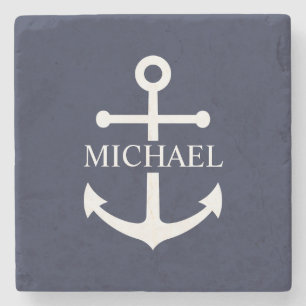 Nautical Navy Blue Anchor Gepersonaliseerde naam Stenen Onderzetter