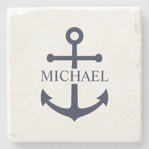 Nautical Navy Blue Anchor Gepersonaliseerde naam Stenen Onderzetter