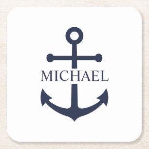 Nautical Navy Blue Anchor Gepersonaliseerde naam Vierkante Kartonnen Onderzetter