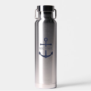 Nautical Navy Blue Anchor Gepersonaliseerde naam Waterfles