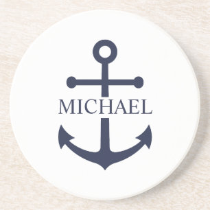 Nautical Navy Blue Anchor Gepersonaliseerde naam Zandsteen Onderzetter