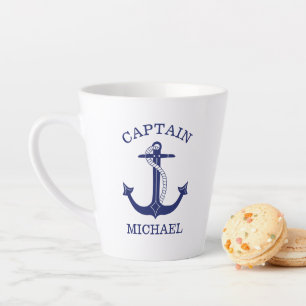 Nautical Navy Blue Anchor Kapitein Naam toevoegen Latte Mok