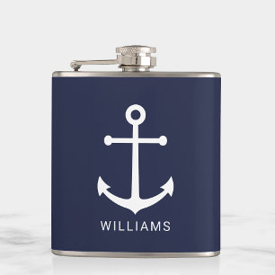 Nautical Navy Blue Anchor met aangepaste naam Heupfles