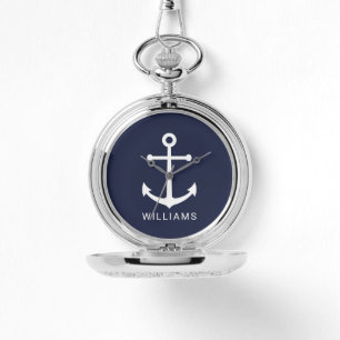 Nautical Navy Blue Anchor met aangepaste naam Horloge