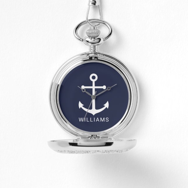 Nautical Navy Blue Anchor met aangepaste naam Horloge (Voorkant)