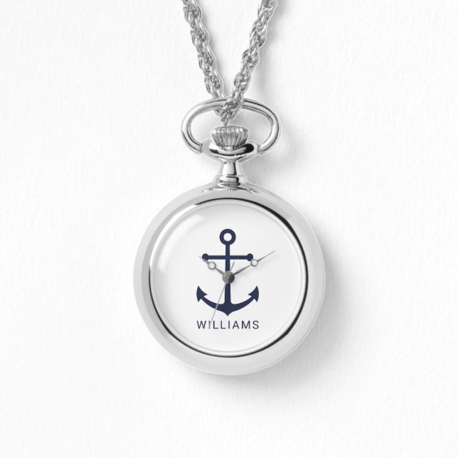 Nautical Navy Blue Anchor met aangepaste naam Horloge (Voorkant)