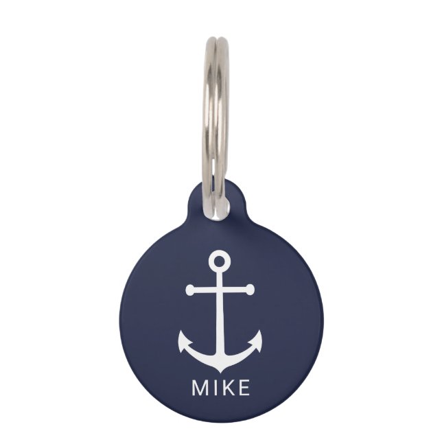 Nautical Navy Blue Anchor met aangepaste naam Pet- Huisdierpenning (Voorkant)