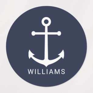 Nautical Navy Blue Anchor met aangepaste naamlabel Labels