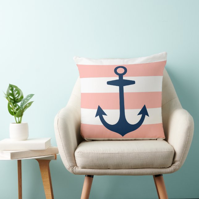 Nautical Navy Blue Anchor met Blush Stripes Kussen (Stoel)