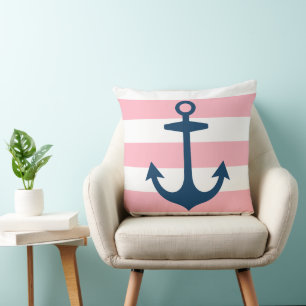 Nautical Navy Blue Anchor met roze strepen Kussen