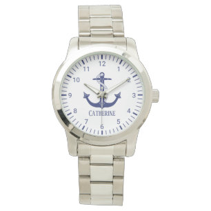 Nautical Navy Blue Anchor Monogram Naam Horloge