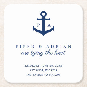 Nautical Navy Blue Anchor Monogram Opslaan datum Vierkante Kartonnen Onderzetter