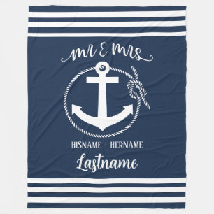 Nautical Navy Blue Anchor Mr. en Mrs. Fleece Deken