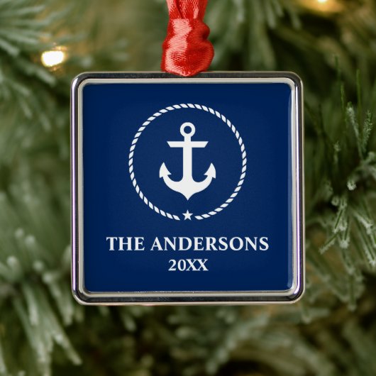 Nautical Navy Blue Anchor Name Year Metalen Ornament (Boom)