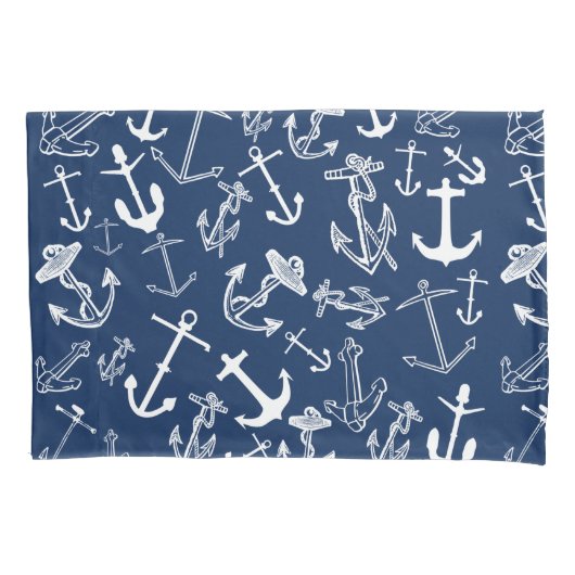 Nautical Navy Blue Anchor Pattern Kussensloop (Voorkant)