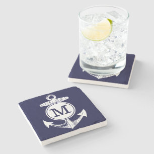 Nautical Navy Blue Anchor Pattern Stenen Onderzetter