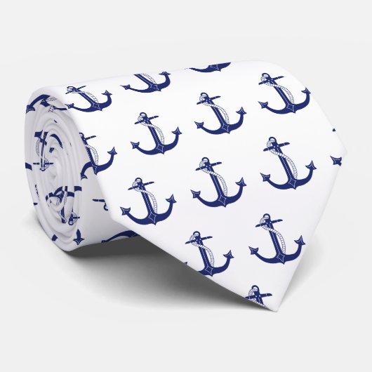Nautical Navy Blue Anchor Pattern Stropdas (Opgerold)