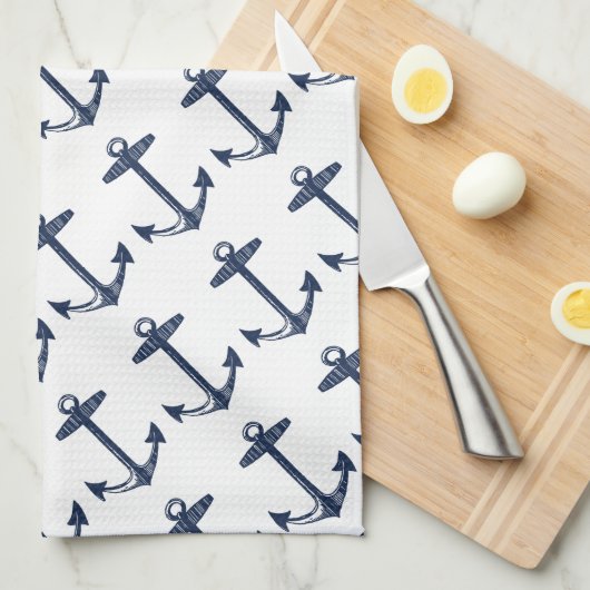 Nautical Navy Blue Anchor Pattern Theedoek (Quarter Fold)