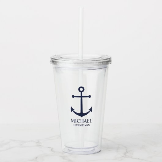 Nautical Navy Blue Anchor Personalized Groomsmen Acryl Drinkbeker (Voorkant)