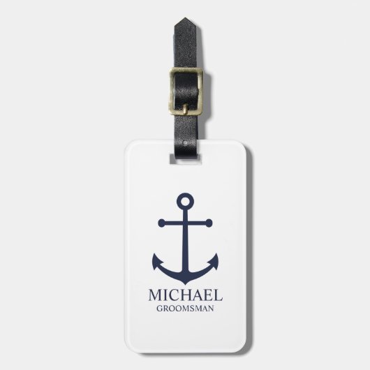 Nautical Navy Blue Anchor Personalized Groomsmen Bagagelabel (Voorkant verticaal)