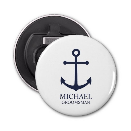 Nautical Navy Blue Anchor Personalized Groomsmen Button Flesopener (Voorkant)