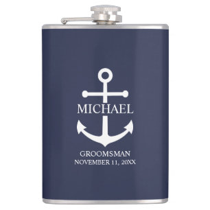 Nautical Navy Blue Anchor Personalized Groomsmen Heupfles