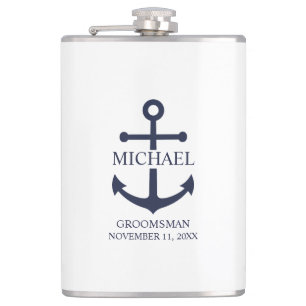 Nautical Navy Blue Anchor Personalized Groomsmen Heupfles