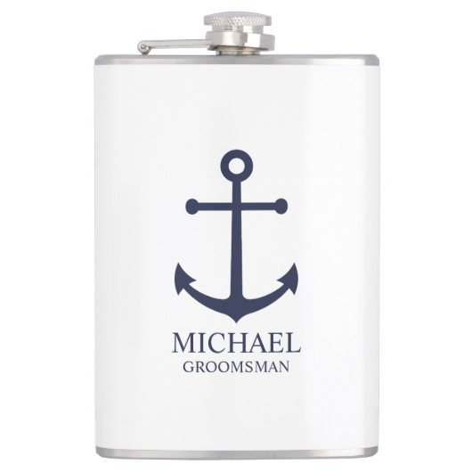 Nautical Navy Blue Anchor Personalized Groomsmen Heupfles (Voorkant)