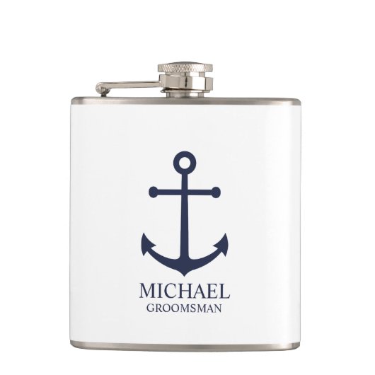 Nautical Navy Blue Anchor Personalized Groomsmen Heupfles (Voorkant)