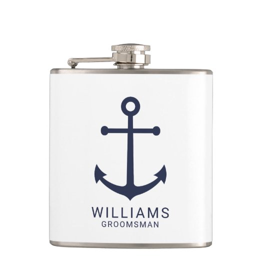 Nautical Navy Blue Anchor Personalized Groomsmen Heupfles (Voorkant)