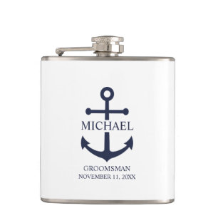 Nautical Navy Blue Anchor Personalized Groomsmen Heupfles