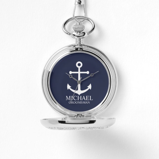 Nautical Navy Blue Anchor Personalized Groomsmen Horloge (Voorkant)