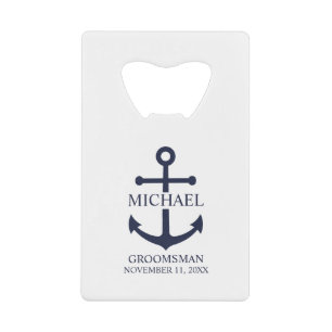 Nautical Navy Blue Anchor Personalized Groomsmen Kredietkaart Flessenopener
