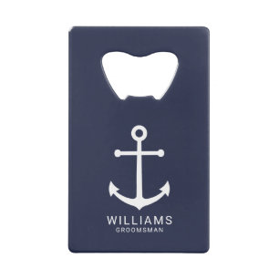Nautical Navy Blue Anchor Personalized Groomsmen Kredietkaart Flessenopener