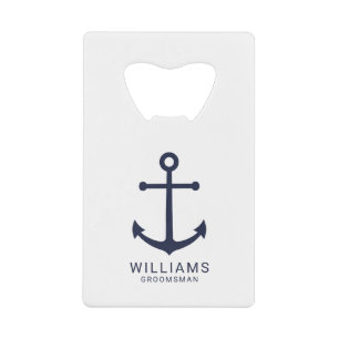 Nautical Navy Blue Anchor Personalized Groomsmen Kredietkaart Flessenopener