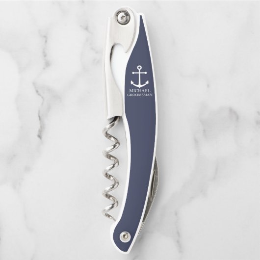 Nautical Navy Blue Anchor Personalized Groomsmen Kurkentrekker (Voorkant)