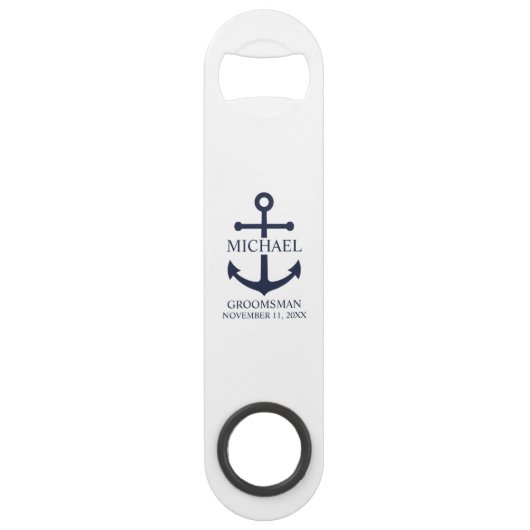 Nautical Navy Blue Anchor Personalized Groomsmen Speed Flessenopener (Voorkant)
