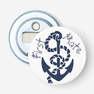 Nautical Navy Blue Anchor Rope Font Button Flesopener