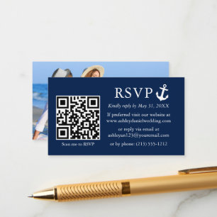 Nautical Navy Blue Anchor RSVP QR foto van bruilof Informatiekaartje