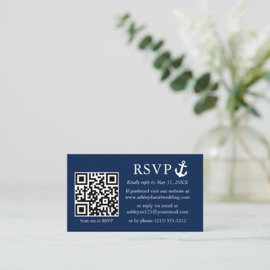Nautical Navy Blue Anchor RSVP QR Striped Informatiekaartje (Staand voorkant)