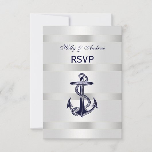Nautical Navy Blue Anchor Silver White V RSVP (Voorkant)
