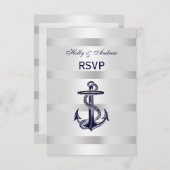 Nautical Navy Blue Anchor Silver White V RSVP (Voorkant / Achterkant)