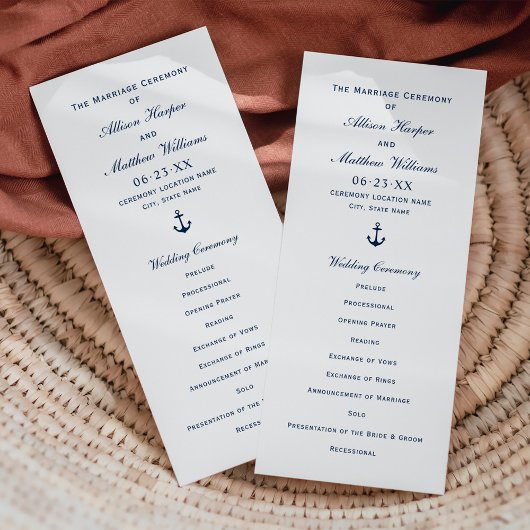Nautical Navy Blue Anchor Wedding Ceremony Programma