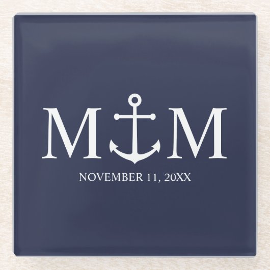 Nautical Navy Blue Anchor Wedding Glazen Onderzetter (Voorkant)