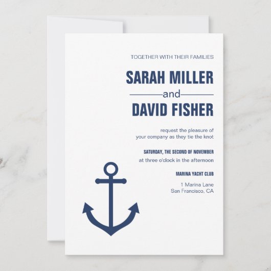 Nautical Navy Blue Anchor Wedding Invitation Kaart (Voorkant)
