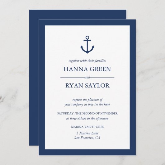 Nautical Navy Blue Anchor Wedding Invitation Kaart (Voorkant / Achterkant)