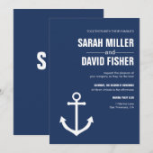 Nautical Navy Blue Anchor Wedding Invitation Kaart (Voorkant / Achterkant)